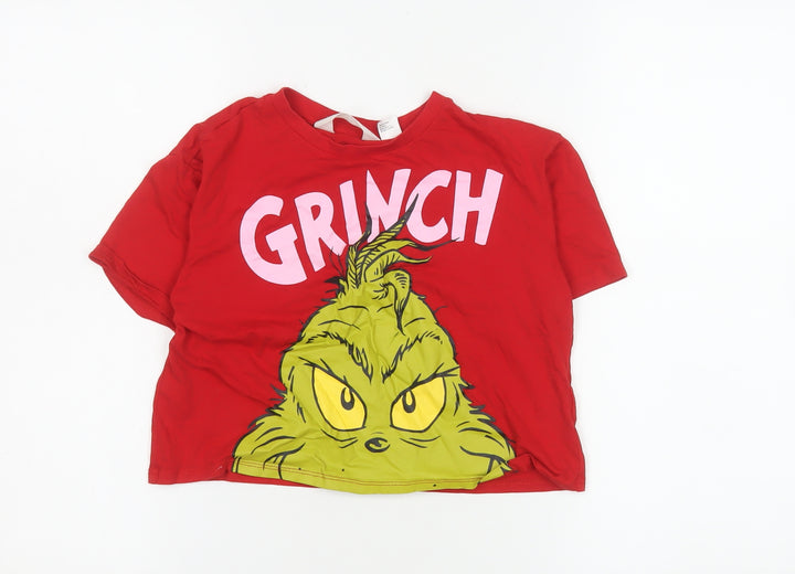 H&M Girls Red Grinch Graphic T-Shirt 8-10 Years Cotton Crew Neck