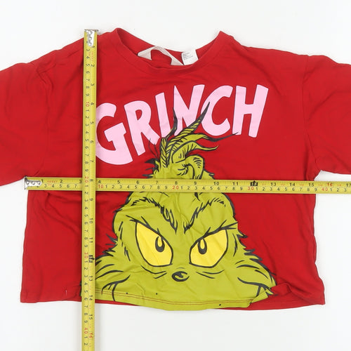 H&M Girls Red Grinch Graphic T-Shirt 8-10 Years Cotton Crew Neck