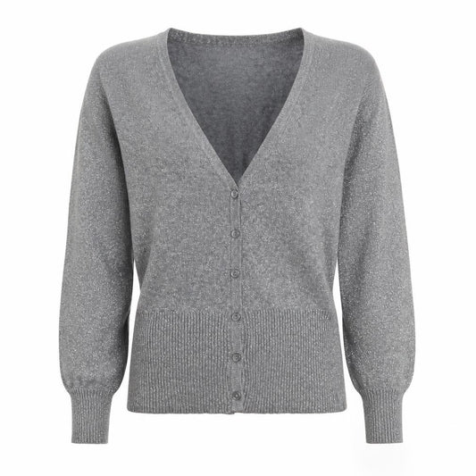 Front view of Next Women’s Grey Glitter V-Neck Button Cardigan, size UK 14