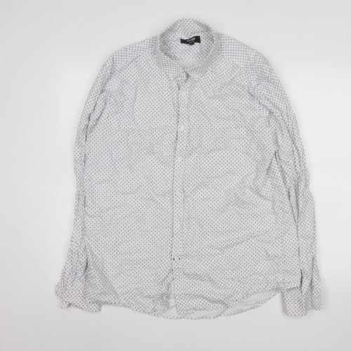 Dunnes Stores Men's White & Blue Polka Dot Cotton Button-Up Shirt Large