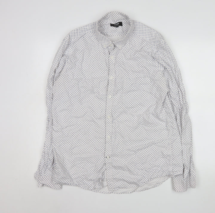 Dunnes Stores Men's White & Blue Polka Dot Cotton Button-Up Shirt Large