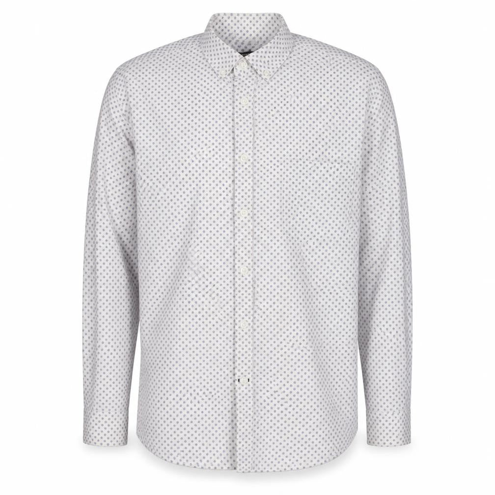Front view of Dunnes Men's White & Blue Polka Dot Cotton Button-Up Shirt Large