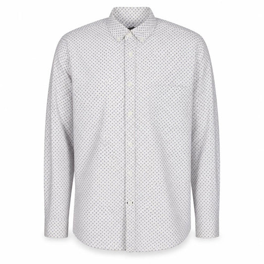 Front view of Dunnes Men's White & Blue Polka Dot Cotton Button-Up Shirt Large