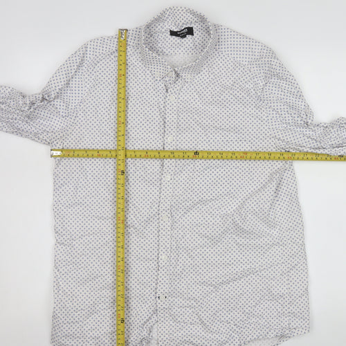 Dunnes Stores Men's White & Blue Polka Dot Cotton Button-Up Shirt Large