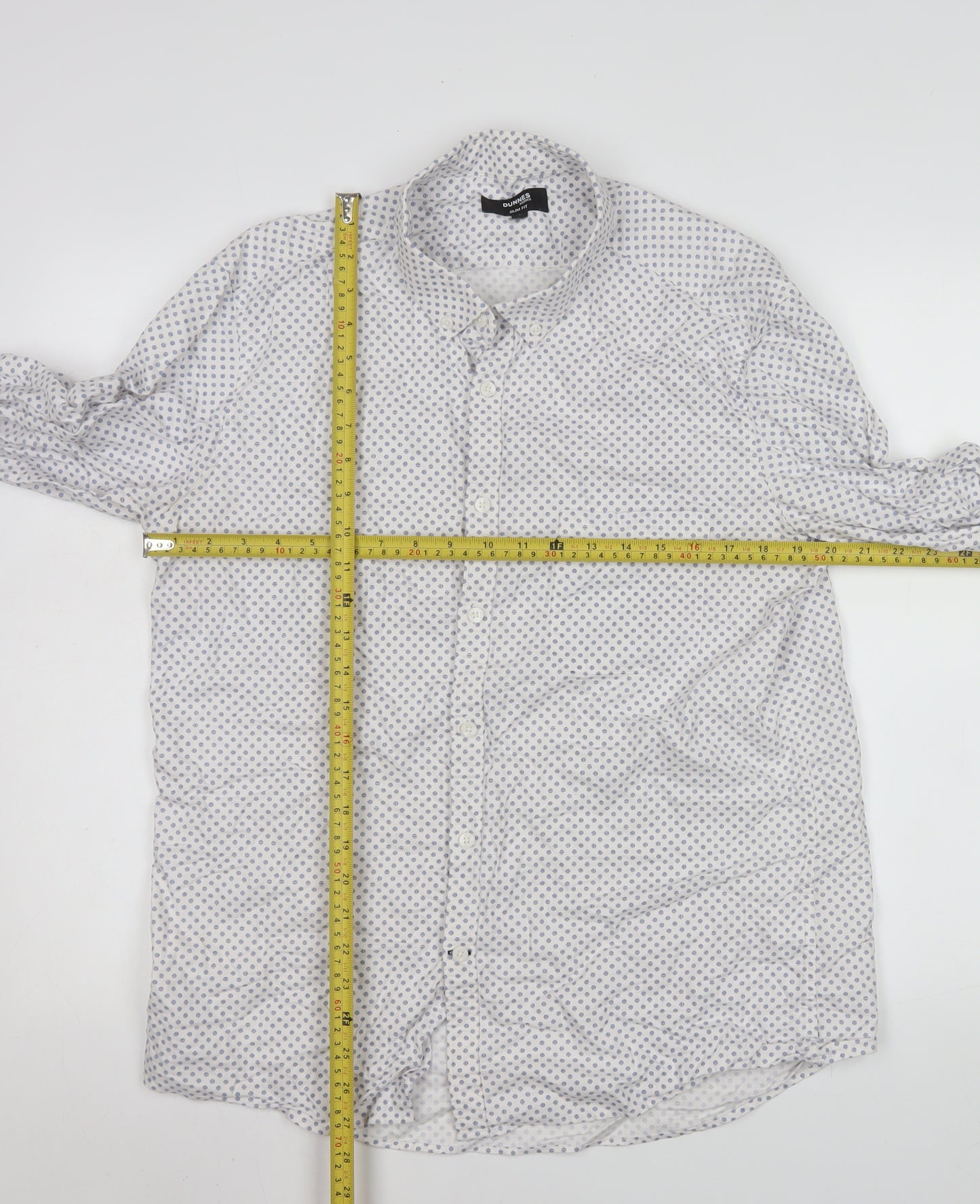 Dunnes Stores Men's White & Blue Polka Dot Cotton Button-Up Shirt Large