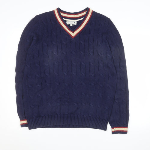 Jack Russell Men Blue Cable-Knit Cotton V-Neck Jumper Size L