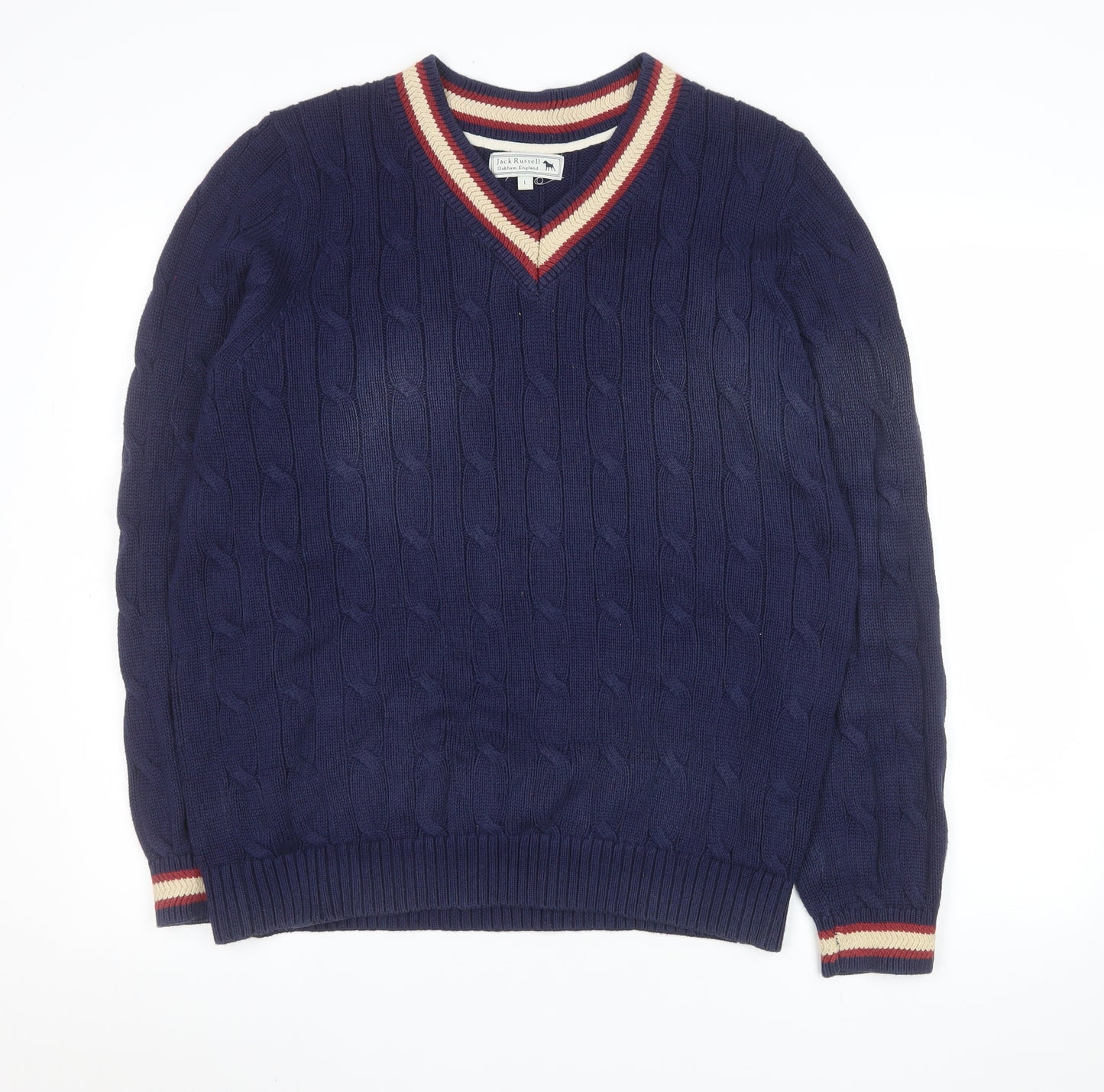 Jack Russell Men Blue Cable-Knit Cotton V-Neck Jumper Size L