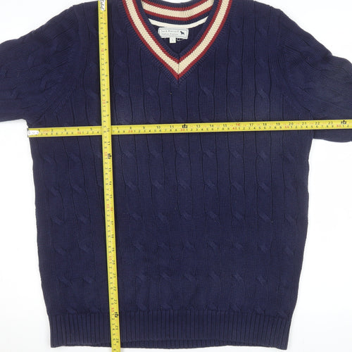 Jack Russell Men Blue Cable-Knit Cotton V-Neck Jumper Size L