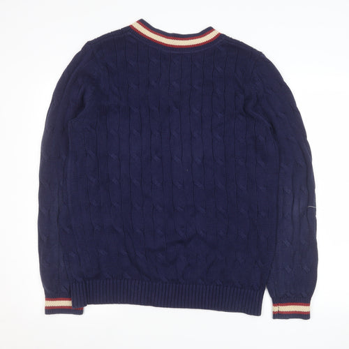 Jack Russell Men Blue Cable-Knit Cotton V-Neck Jumper Size L