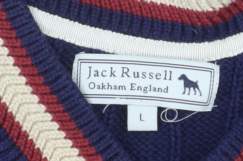 Jack Russell Men Blue Cable-Knit Cotton V-Neck Jumper Size L