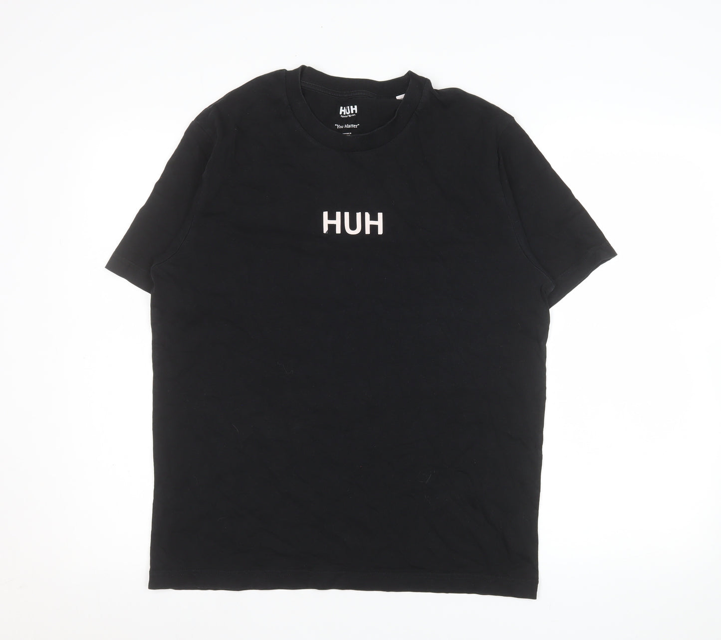 HUH Men Black S Short Sleeve Organic Cotton Graphic T-Shirt