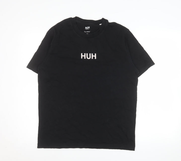HUH Men Black S Short Sleeve Organic Cotton Graphic T-Shirt