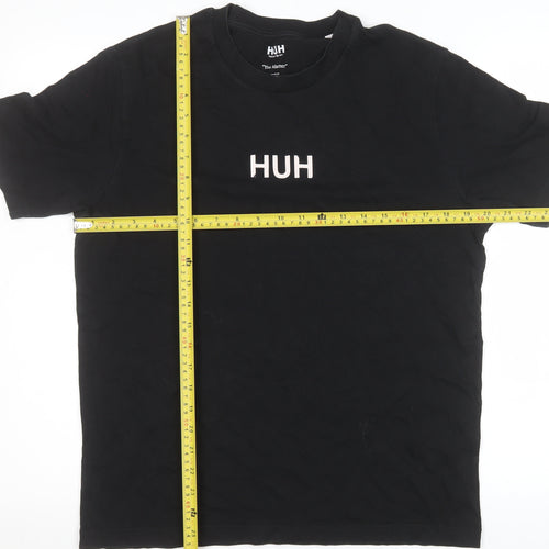 HUH Men Black S Short Sleeve Organic Cotton Graphic T-Shirt