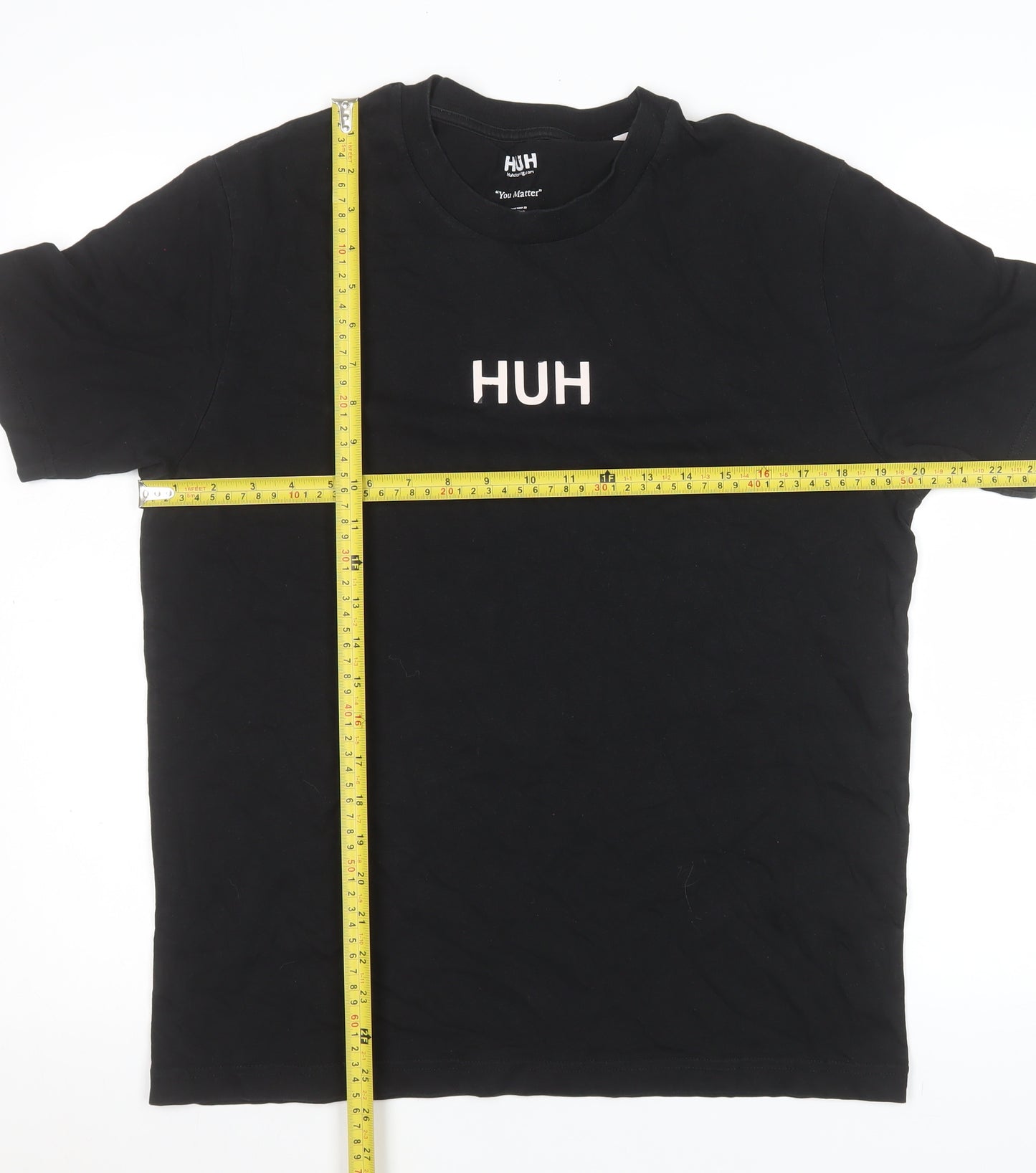 HUH Men Black S Short Sleeve Organic Cotton Graphic T-Shirt