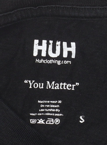 HUH Men Black S Short Sleeve Organic Cotton Graphic T-Shirt