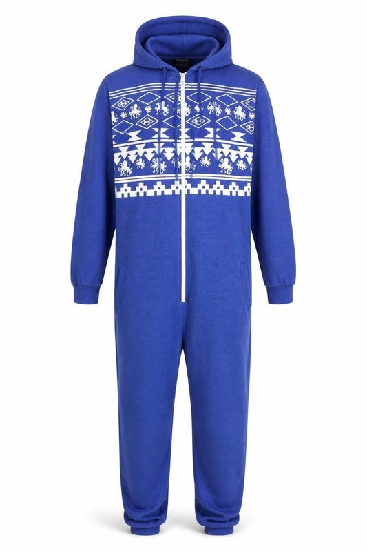 Modern Casuals Men's Blue Fair Isle Hooded Onesie L Zip One Piece