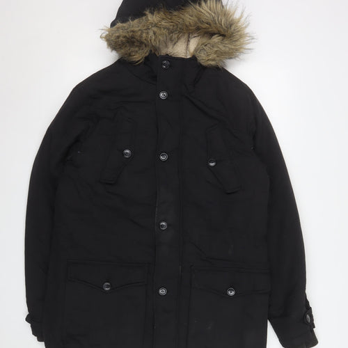 New Look Men’s Black Parka Jacket S Faux Fur Hood Winter Coat