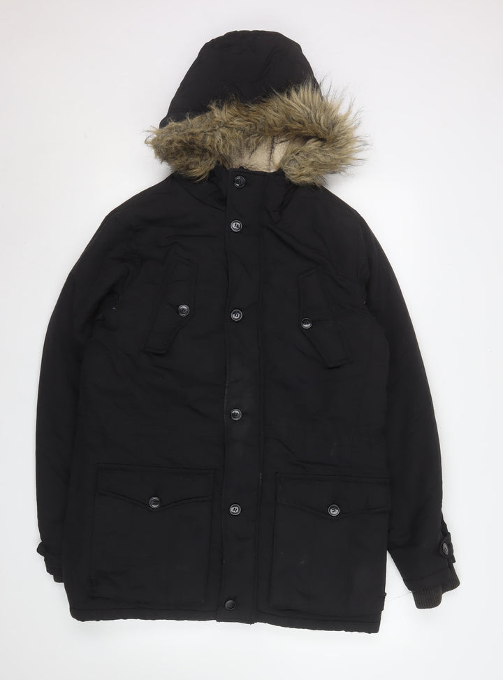 New Look Men’s Black Parka Jacket S Faux Fur Hood Winter Coat