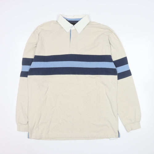BHS Men’s Beige Long Sleeve Striped Polo Shirt Size M 100% Cotton