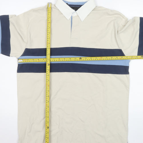 BHS Men’s Beige Long Sleeve Striped Polo Shirt Size M 100% Cotton