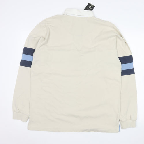 BHS Men’s Beige Long Sleeve Striped Polo Shirt Size M 100% Cotton