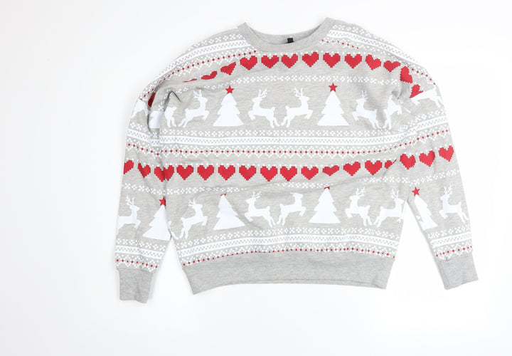 Peacocks Womens Grey Christmas Reindeer Heart Pullover Sweatshirt Size S