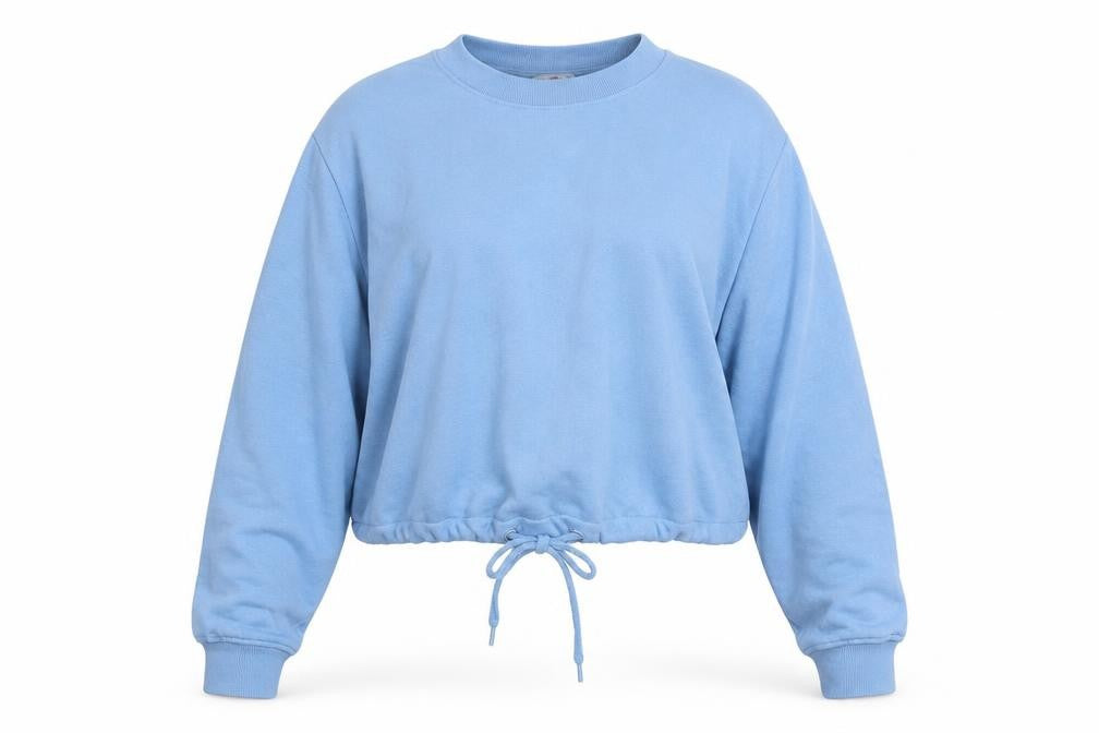 Front view of Neon Sheep Women's Blue Daisy Print Drawstring Pullover Sweatshirt, size M