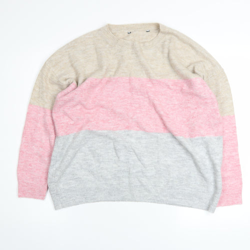 Bonmarché Womens Beige Pink Grey Colour Block Crew Neck Pullover Jumper Size 16