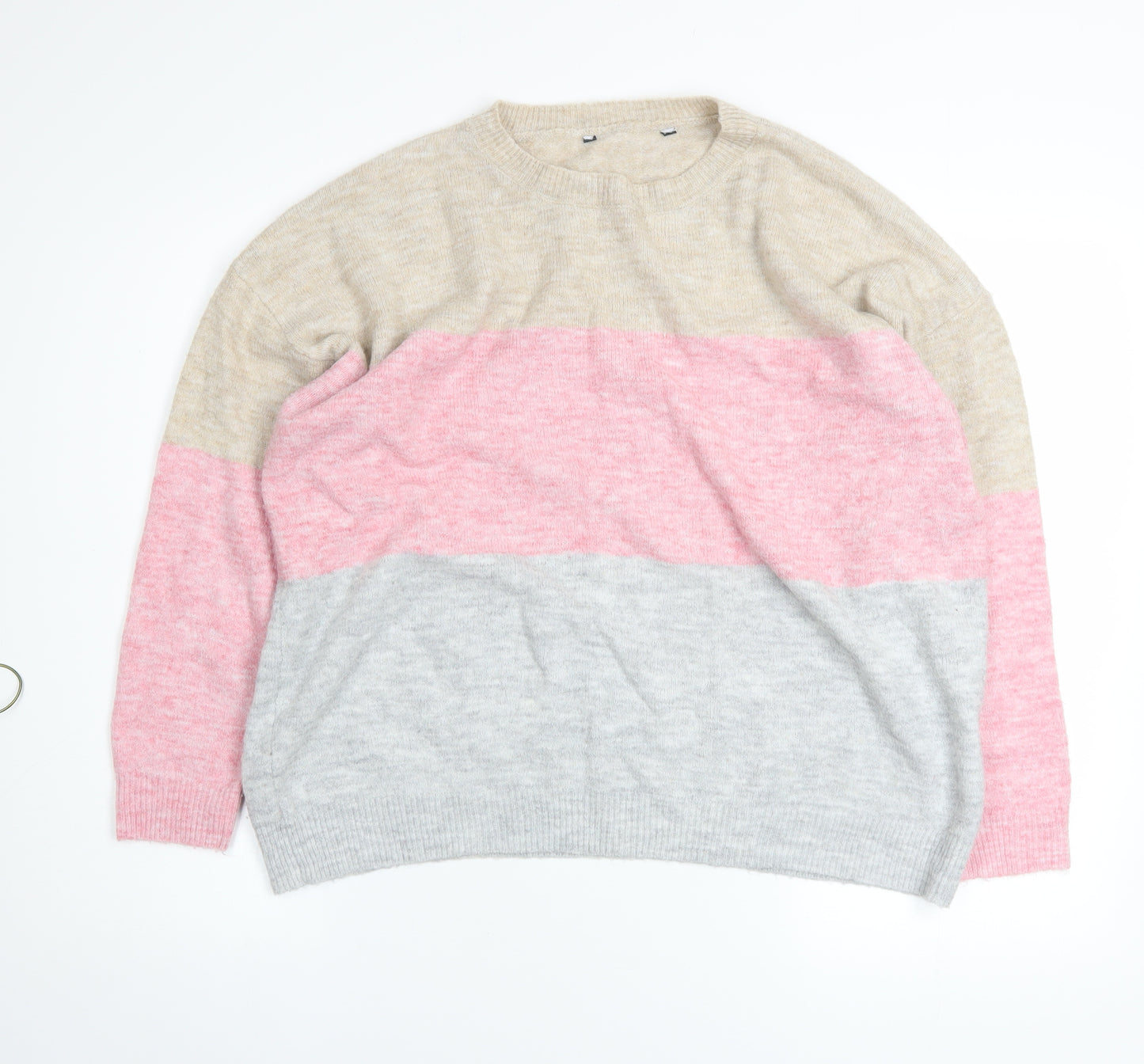 Bonmarché Womens Beige Pink Grey Colour Block Crew Neck Pullover Jumper Size 16