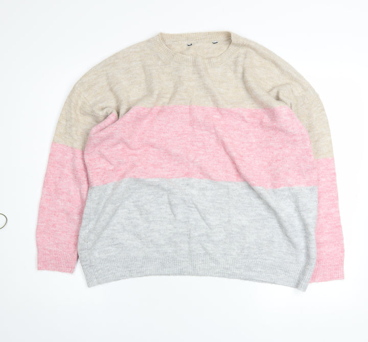 Bonmarché Womens Beige Pink Grey Colour Block Crew Neck Pullover Jumper Size 16
