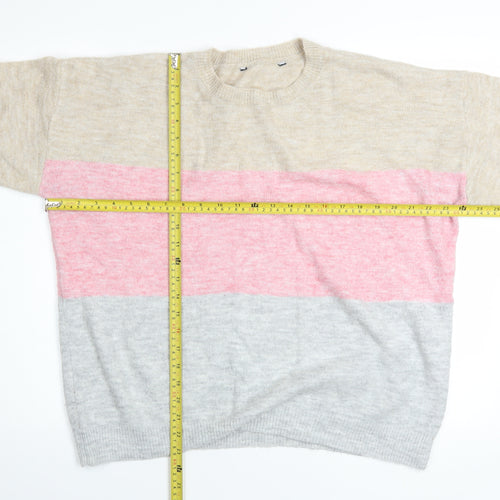 Bonmarché Womens Beige Pink Grey Colour Block Crew Neck Pullover Jumper Size 16