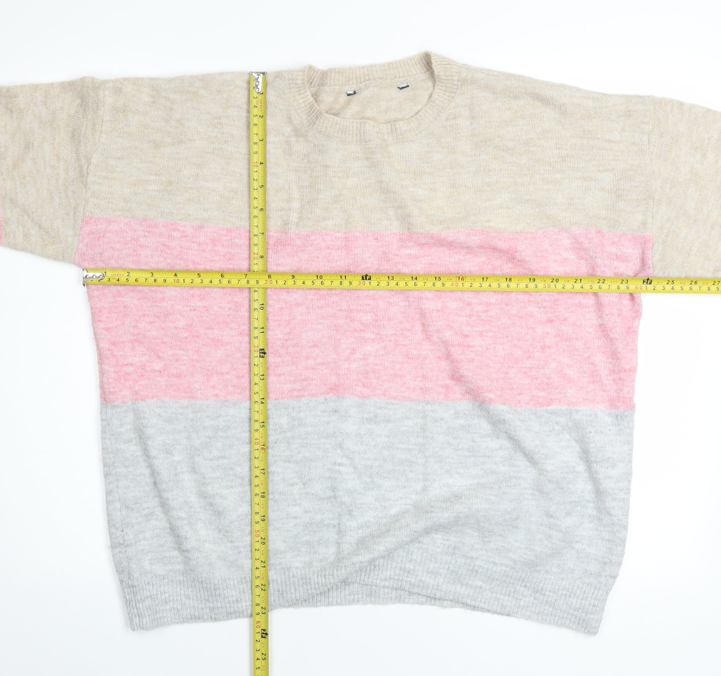 Bonmarché Womens Beige Pink Grey Colour Block Crew Neck Pullover Jumper Size 16