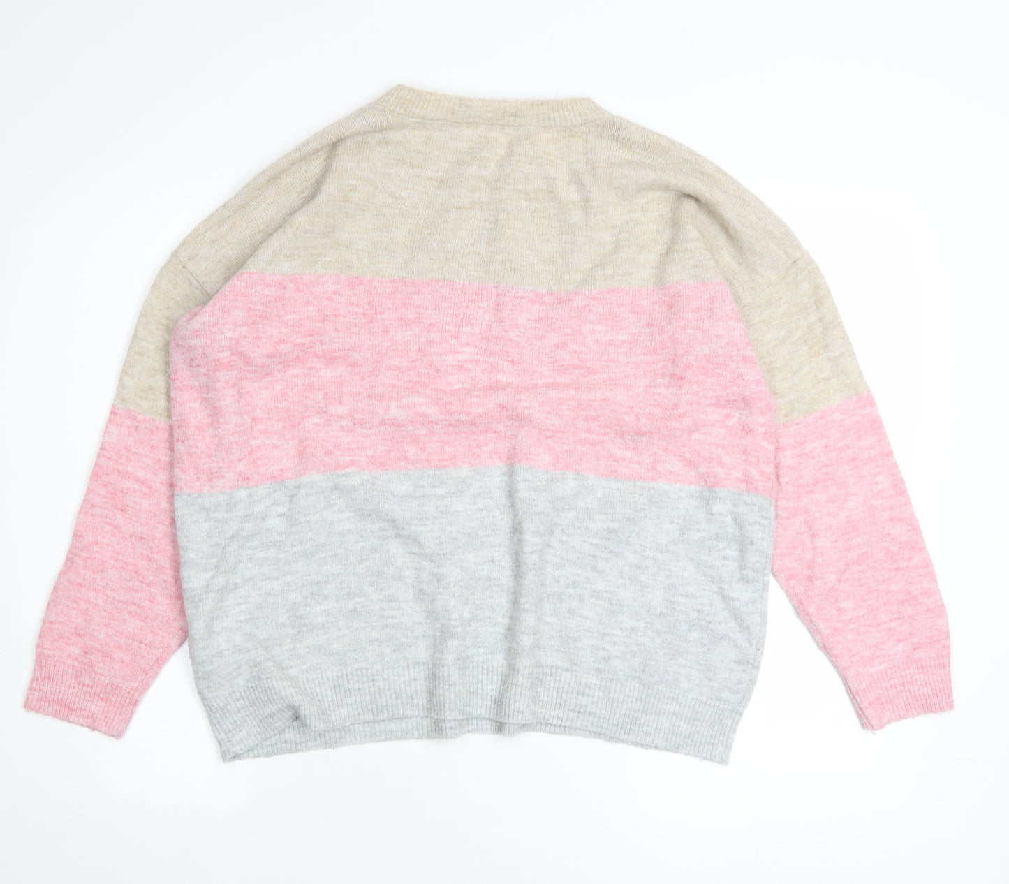 Bonmarché Womens Beige Pink Grey Colour Block Crew Neck Pullover Jumper Size 16