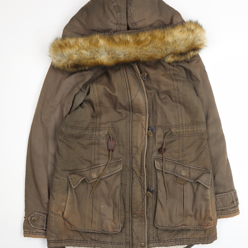 Puffa Womens Brown Cotton Fur Trim Hooded Parka Coat Size 12