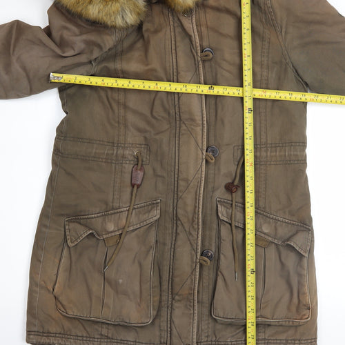 Puffa Womens Brown Cotton Fur Trim Hooded Parka Coat Size 12