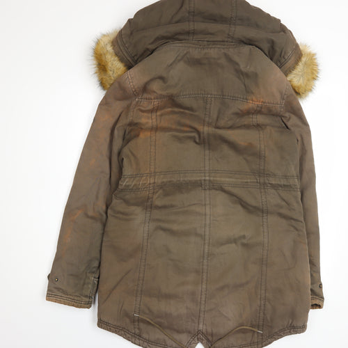 Puffa Womens Brown Cotton Fur Trim Hooded Parka Coat Size 12