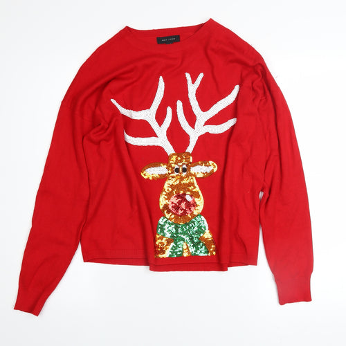 New Look Women's Red Sequin Reindeer Christmas Jumper Size S