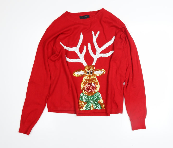 New Look Women's Red Sequin Reindeer Christmas Jumper Size S