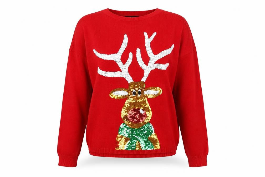 Front view of New Look Women's Red Sequin Reindeer Christmas Jumper, size S