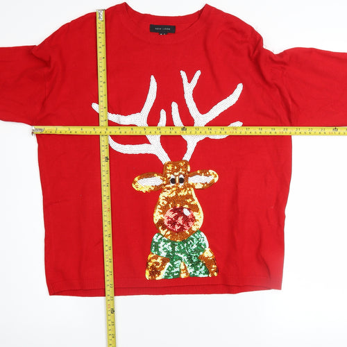 New Look Women's Red Sequin Reindeer Christmas Jumper Size S