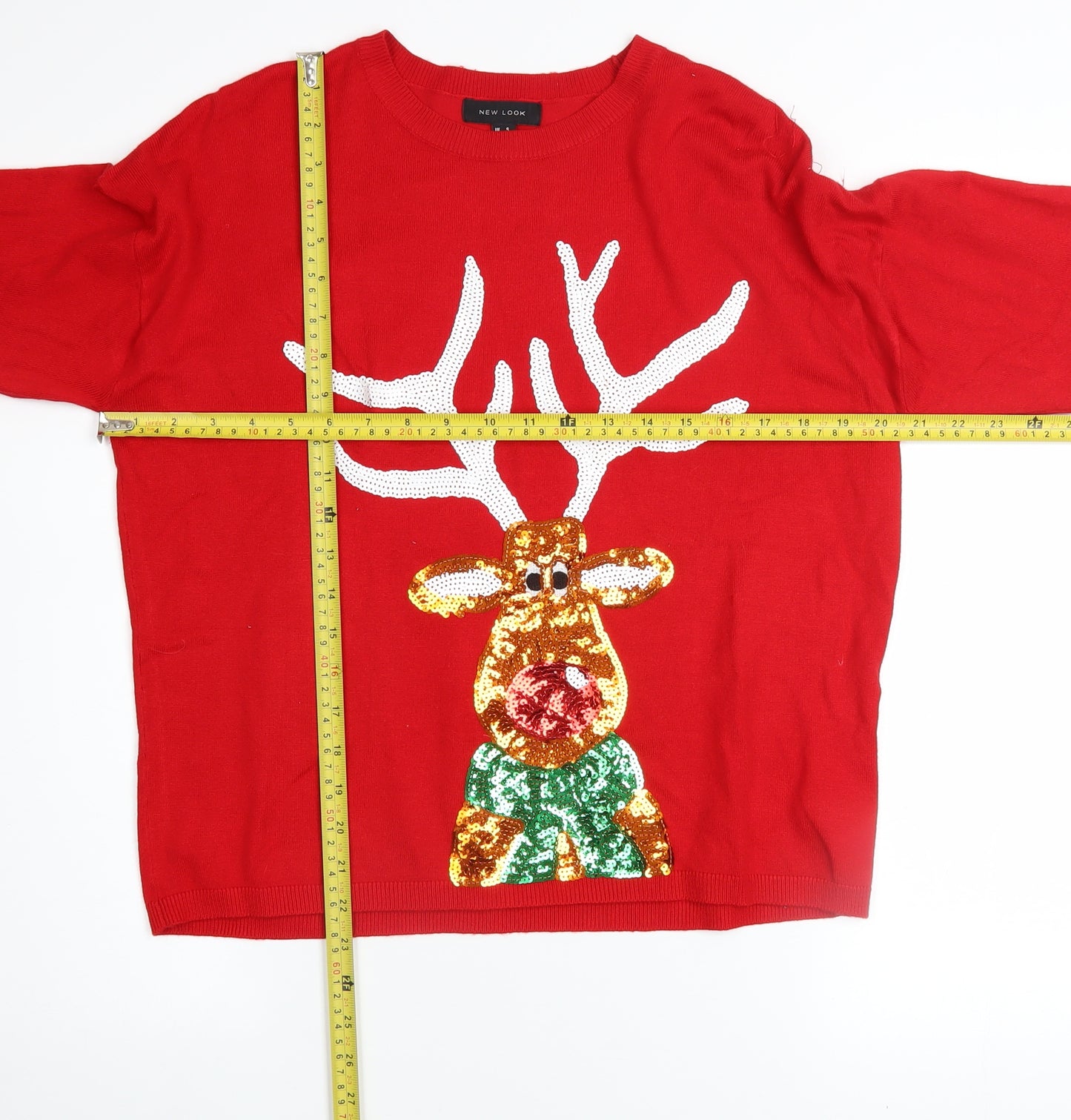 New Look Women's Red Sequin Reindeer Christmas Jumper Size S
