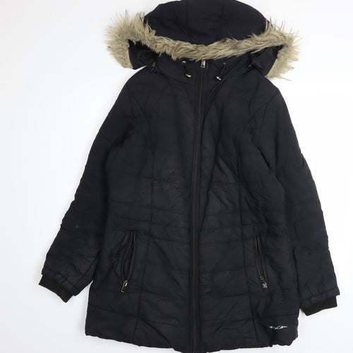 Foreign Culture Black XL Women's Long Puffer Coat Hooded Fur Trim