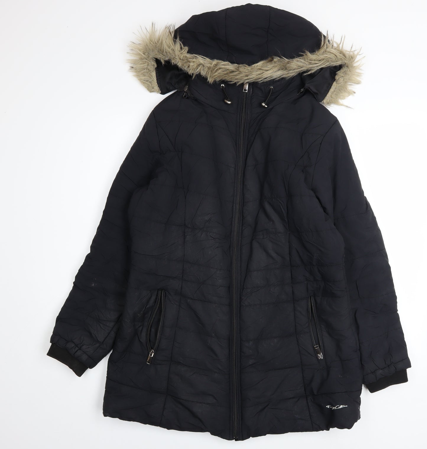 Foreign Culture Black XL Women's Long Puffer Coat Hooded Fur Trim