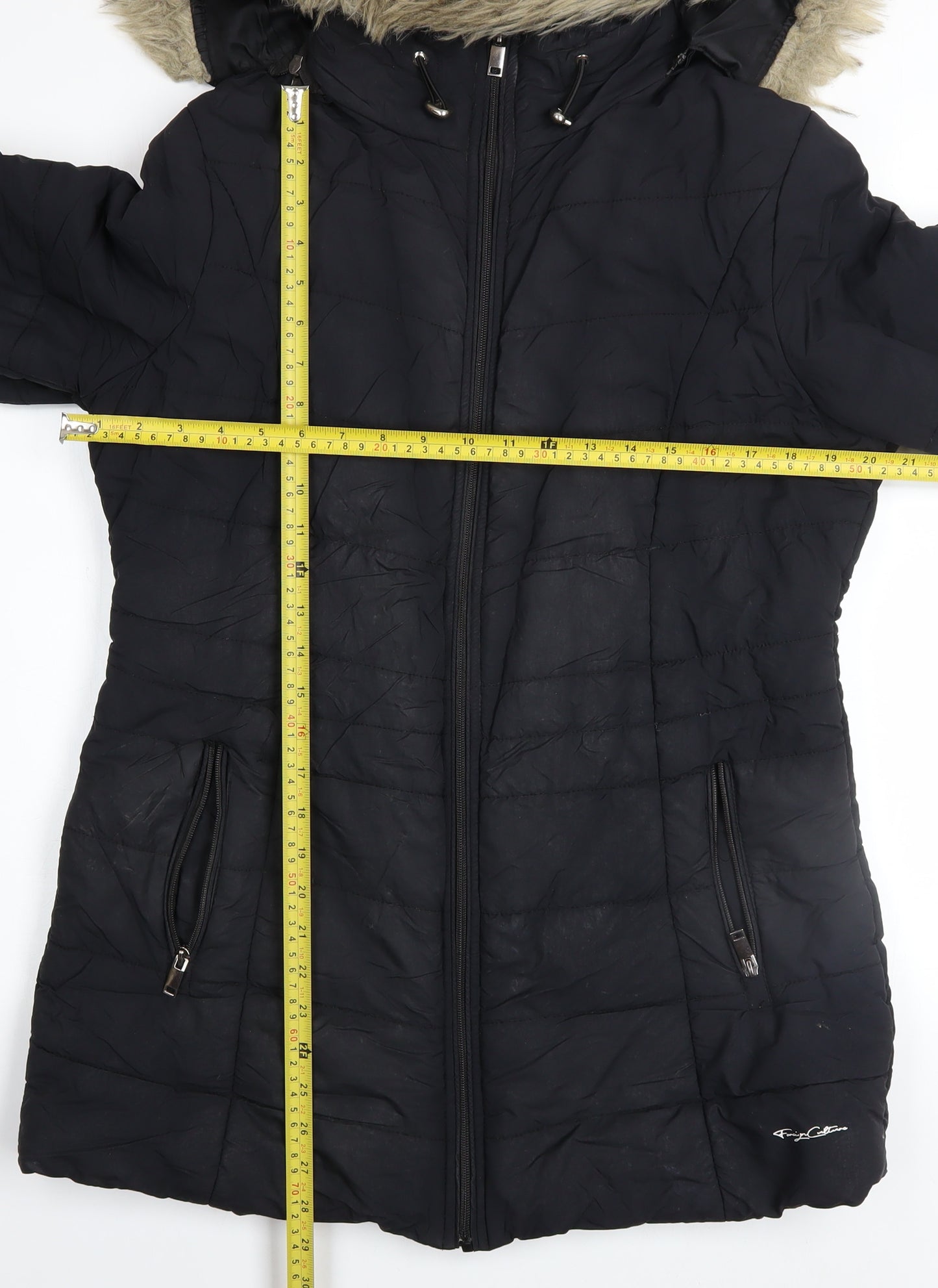 Foreign Culture Black XL Women's Long Puffer Coat Hooded Fur Trim