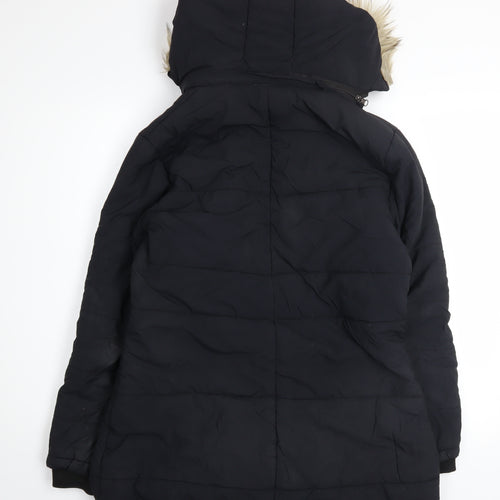 Foreign Culture Black XL Women's Long Puffer Coat Hooded Fur Trim