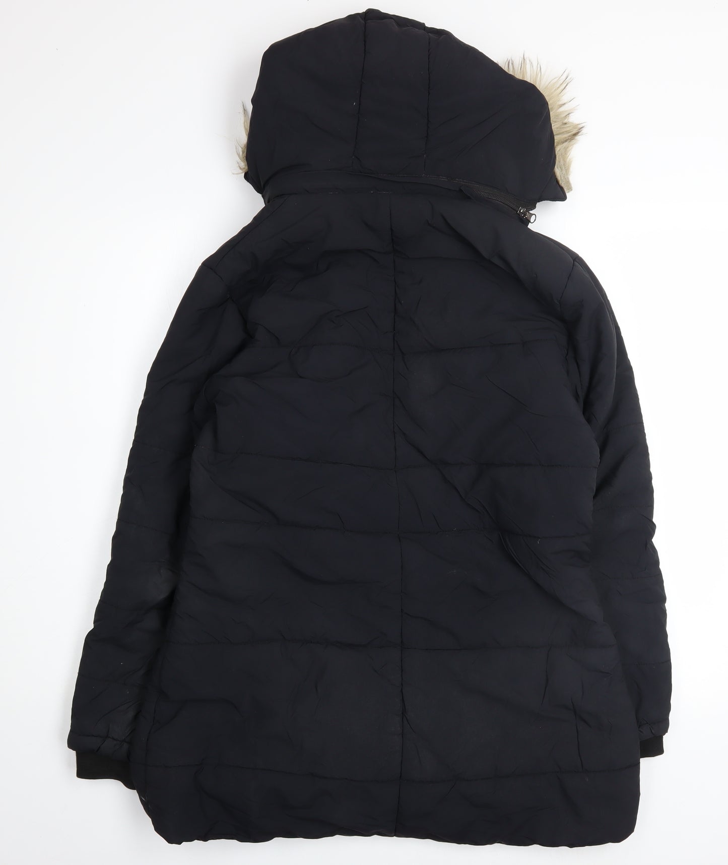 Foreign Culture Black XL Women's Long Puffer Coat Hooded Fur Trim