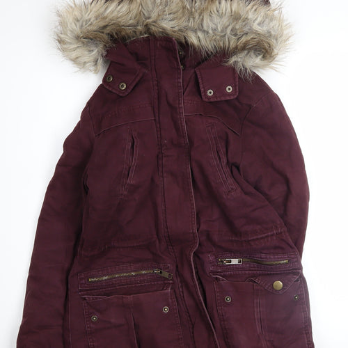 New Look Women's Red Faux Fur Hooded Parka Jacket Size 6