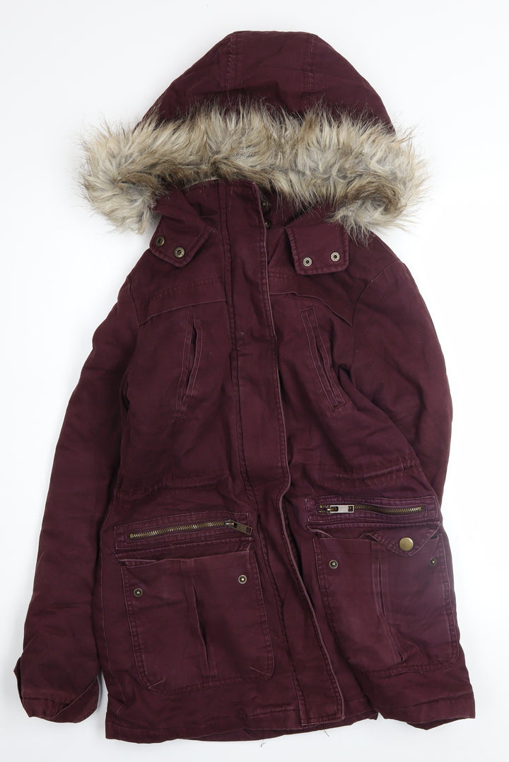 New Look Women's Red Faux Fur Hooded Parka Jacket Size 6