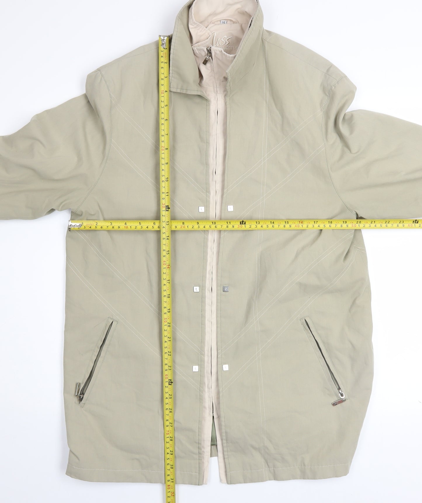 Klass Collection Women’s Beige Size 14 Rain Coat Full Zip Mid-Length