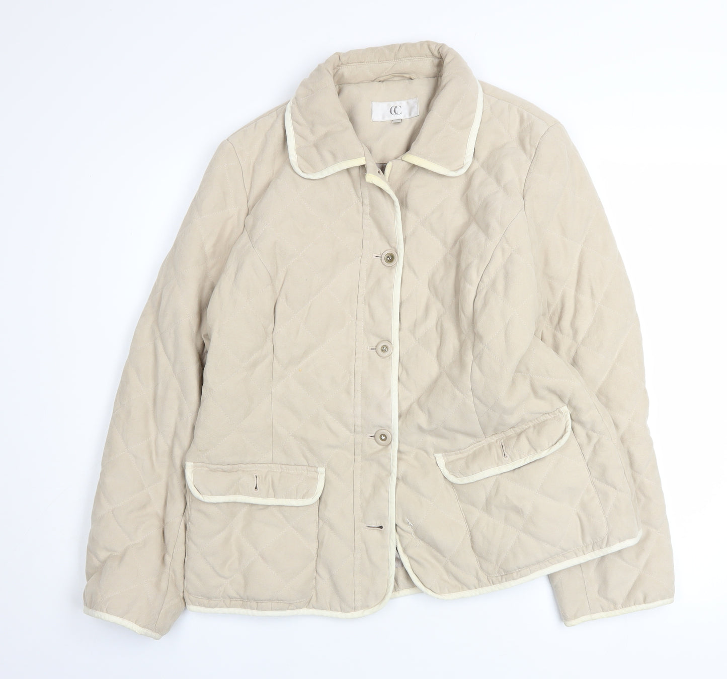 CC Women Beige Quilted Mid-Length Jacket Size 14
